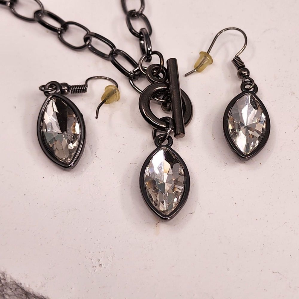 Gunmetal Clear Crystal Marquise Necklace Earrings Set Toggle Clasp Statement